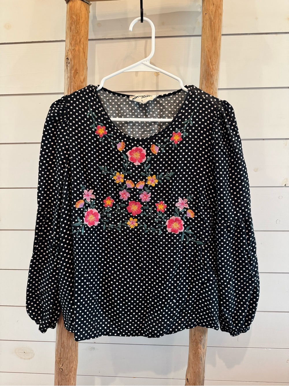 Savanna Jane Black Polka Dot Blouse with Pink & Orange Floral Embroidery